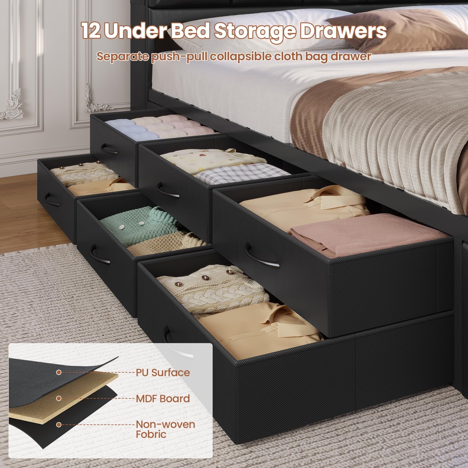 Queen Size Bed Frame with LED Lights Headboard and 12 Storage Drawers, Bookcase, Upholstered Platform Bed Queen with Charging Station, No Box Spring Needed, Type - C and USB, Noise - Free, Black