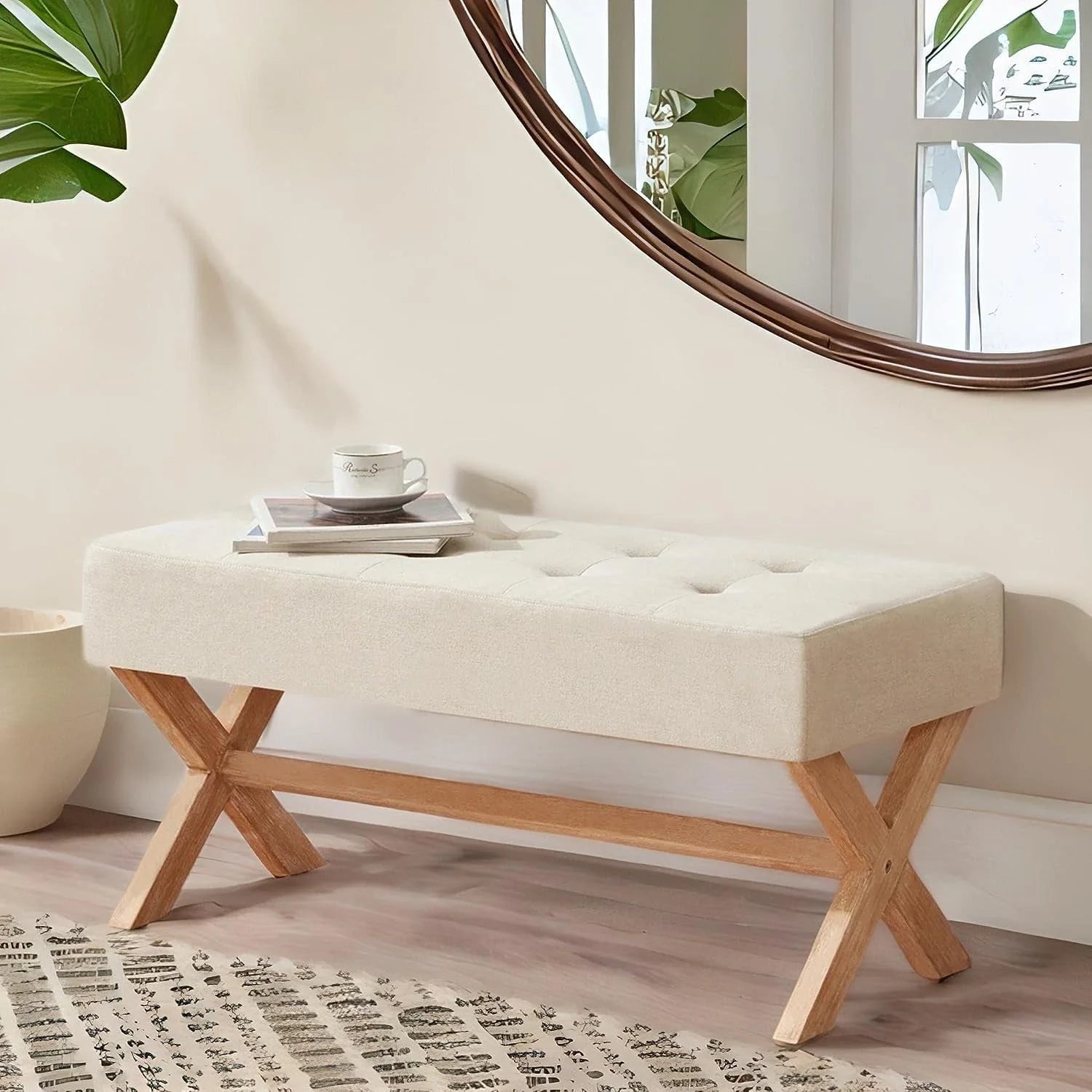 HUIMO Bedroom Bench, 35" Upholstered Entryway Bench & Dining Bench, Tufted Fabric End of Bed Bench for Bedroom Living Room Hallway, Beige