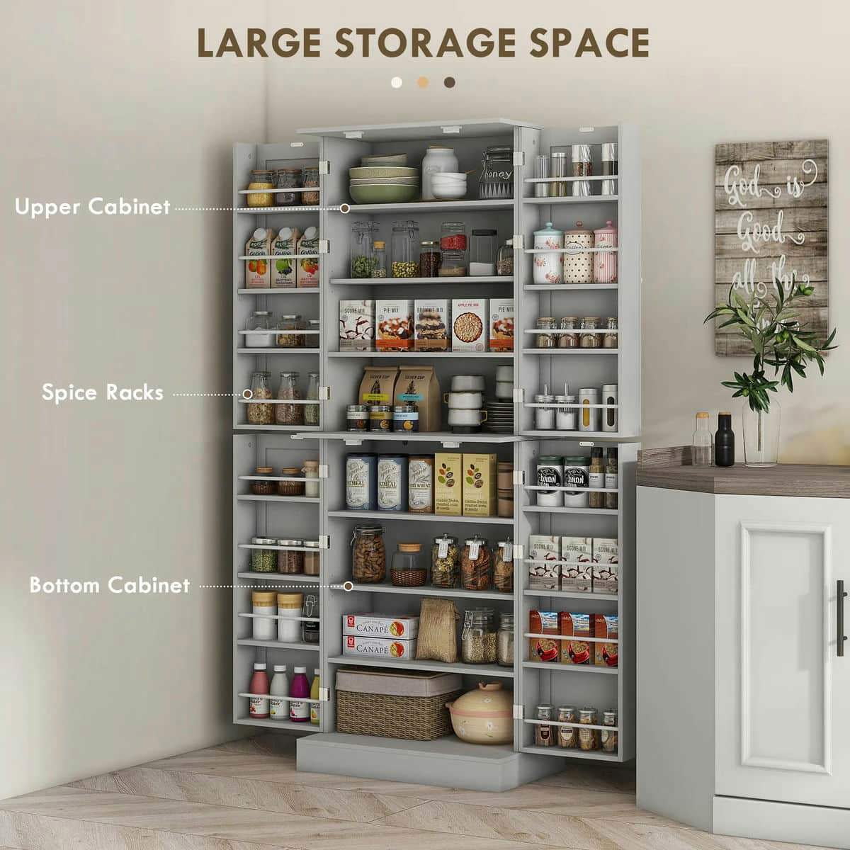 Spaco 17 - Tier Kitchen Small Pantry Cabinet with 2 Doors and 6 Adjustable Shelves, Cabinet Pantry, Freestanding 5 - Tier Shelving Pantries for Kitchen Storage, Gray