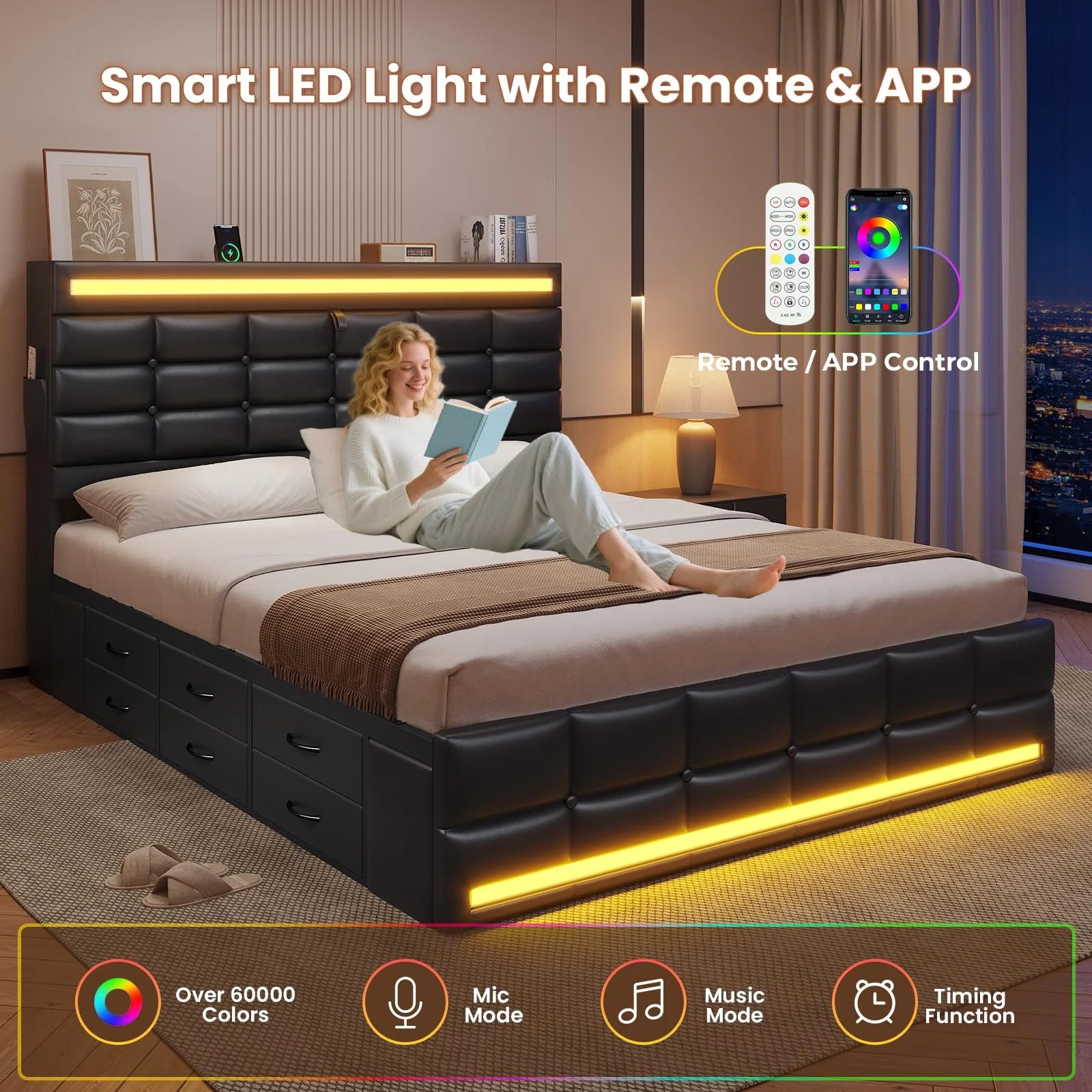 Queen Size Bed Frame with LED Lights Headboard and 12 Storage Drawers, Bookcase, Upholstered Platform Bed Queen with Charging Station, No Box Spring Needed, Type - C and USB, Noise - Free, Black