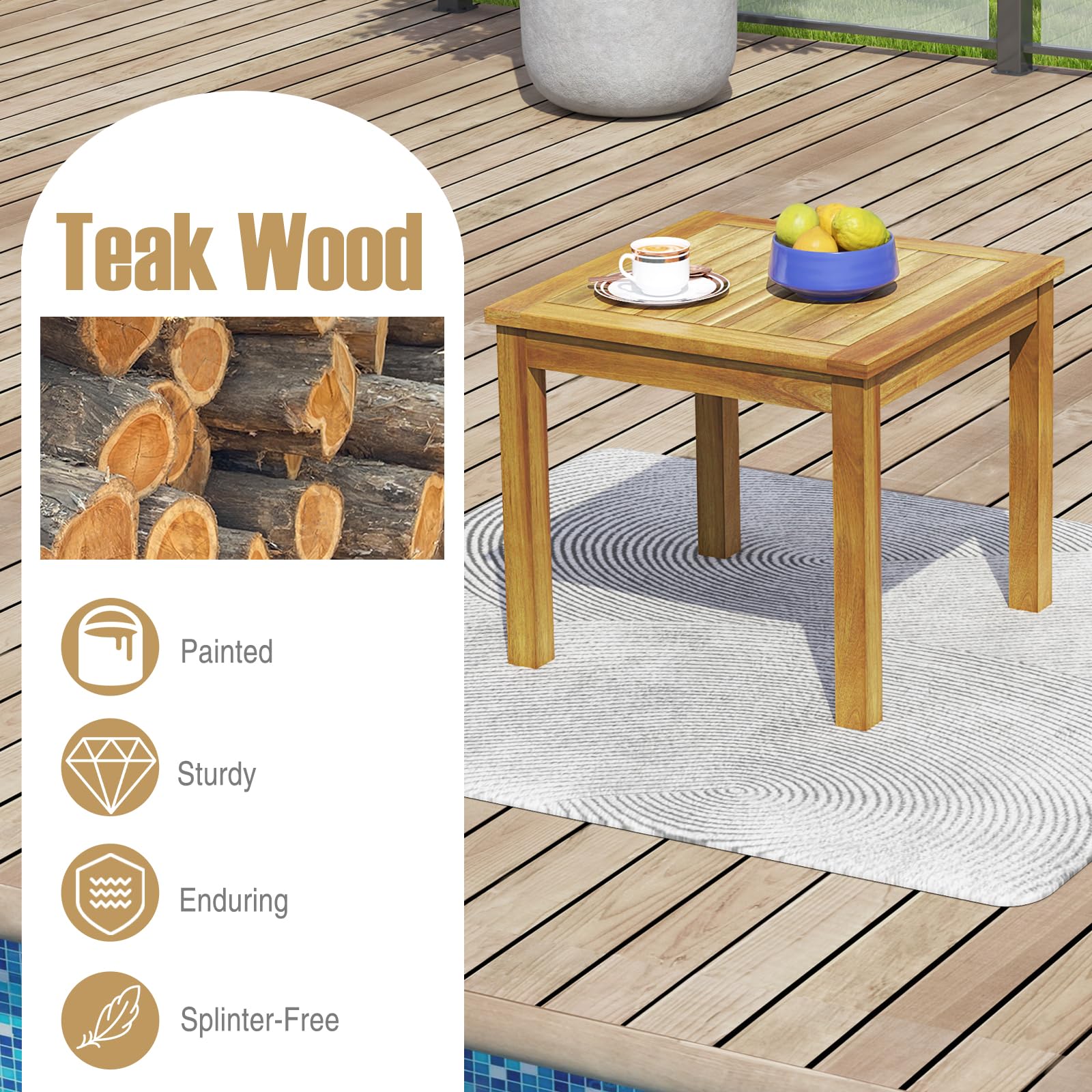 Tangkula 3 Piece Teak Wood Bistro Set, Outdoor Conversation Set with 2 Folding Chairs & Square Side Table