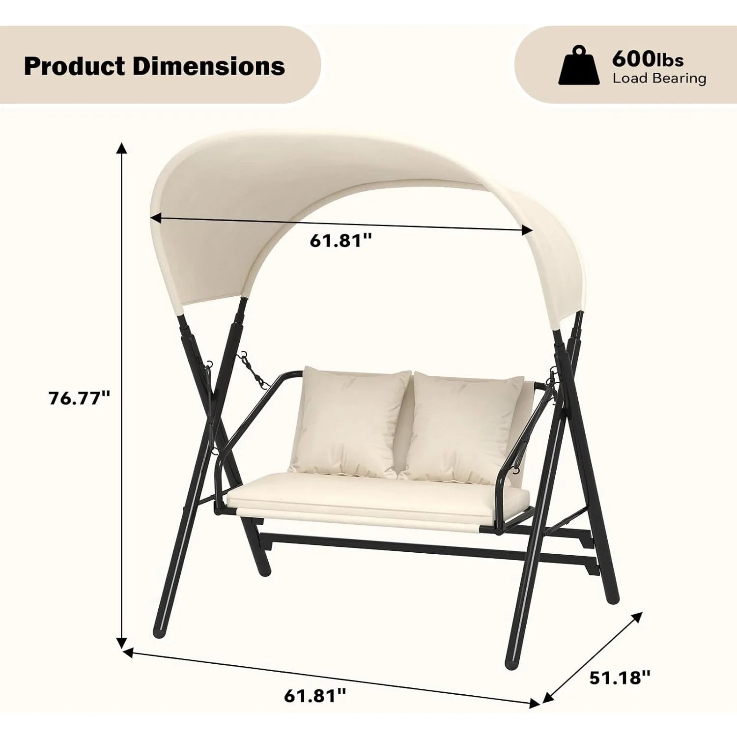 AECOJOY Outdoor Porch Swings for Adults 600LBS 2 Seat Patio Swings with Canopy