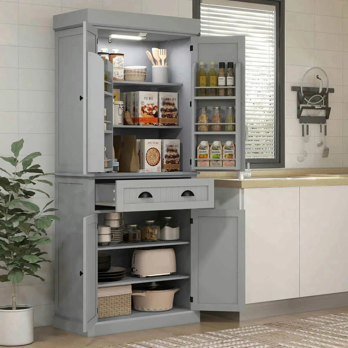 Spaco 17 - Tier Kitchen Small Pantry Cabinet with 2 Doors and 6 Adjustable Shelves, Cabinet Pantry, Freestanding 5 - Tier Shelving Pantries for Kitchen Storage, Gray