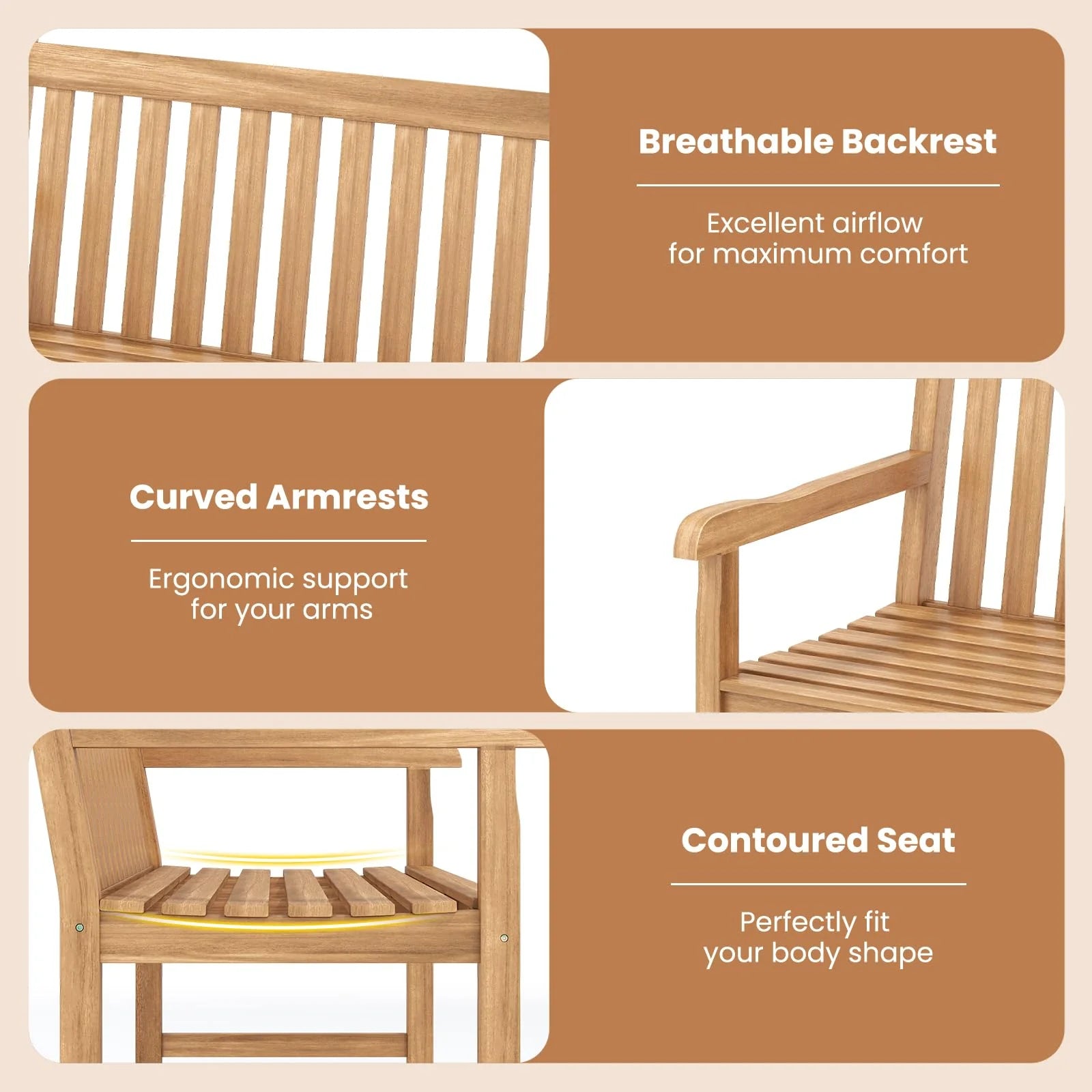 Tangkula 51" Teak Wood Outdoor Bench 2-Person Solid Wood Garden Patio Bench