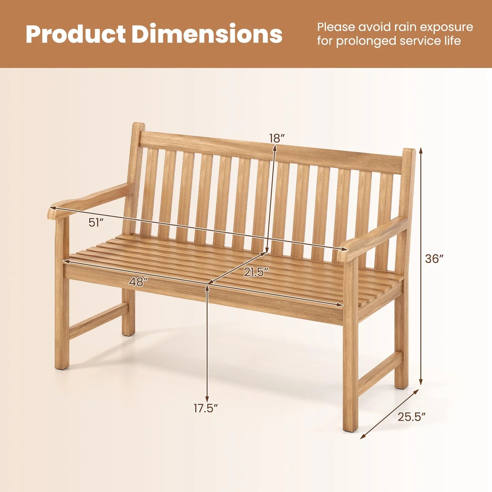 Tangkula 51" Teak Wood Outdoor Bench 2-Person Solid Wood Garden Patio Bench