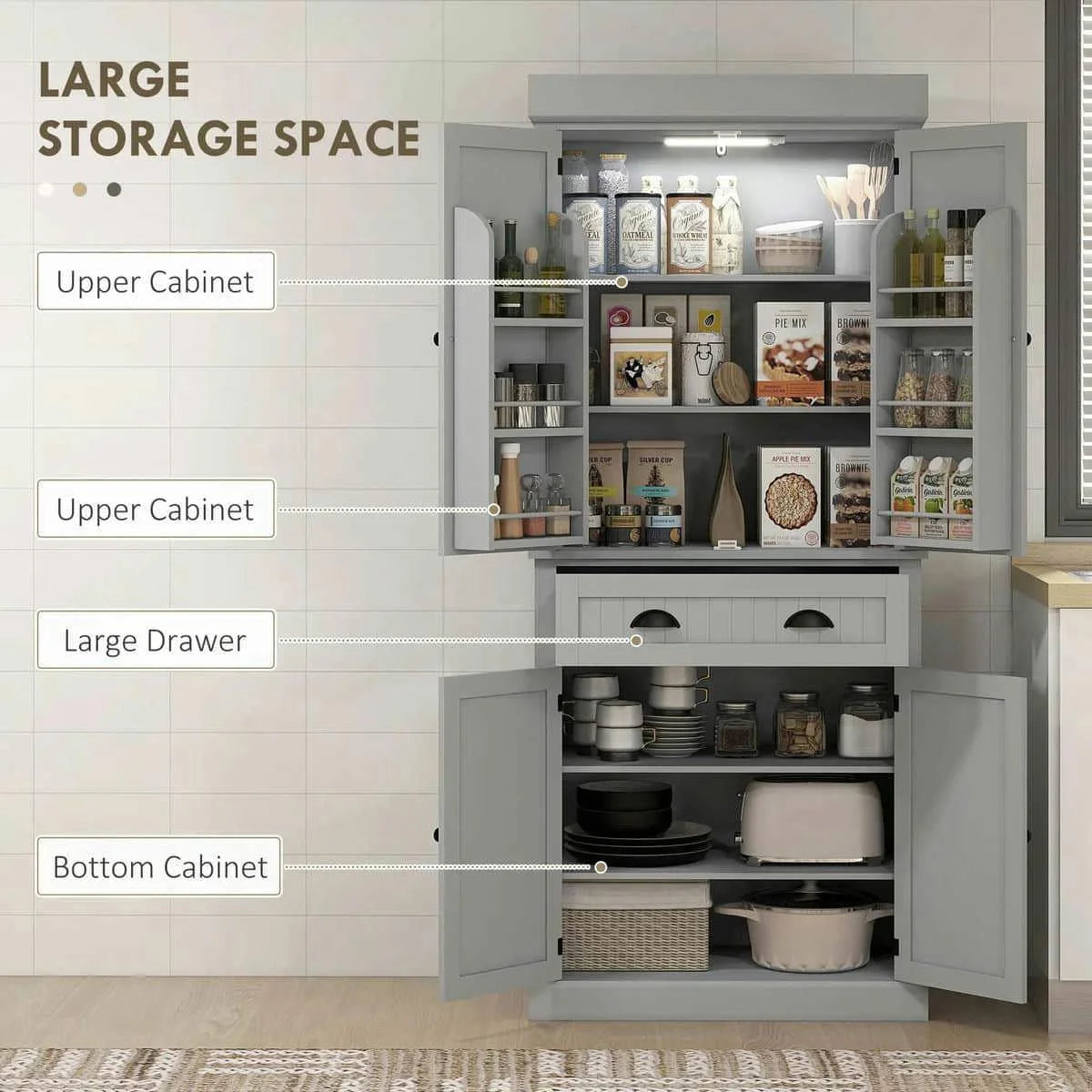 Spaco 17 - Tier Kitchen Small Pantry Cabinet with 2 Doors and 6 Adjustable Shelves, Cabinet Pantry, Freestanding 5 - Tier Shelving Pantries for Kitchen Storage, Gray
