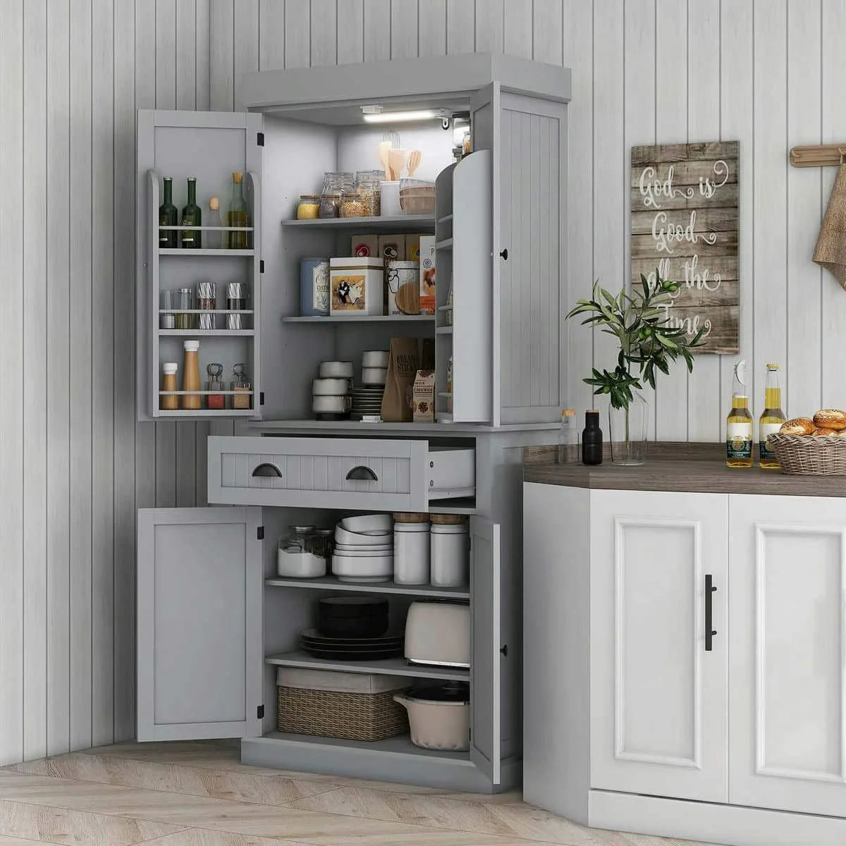 Spaco 17 - Tier Kitchen Small Pantry Cabinet with 2 Doors and 6 Adjustable Shelves, Cabinet Pantry, Freestanding 5 - Tier Shelving Pantries for Kitchen Storage, Gray