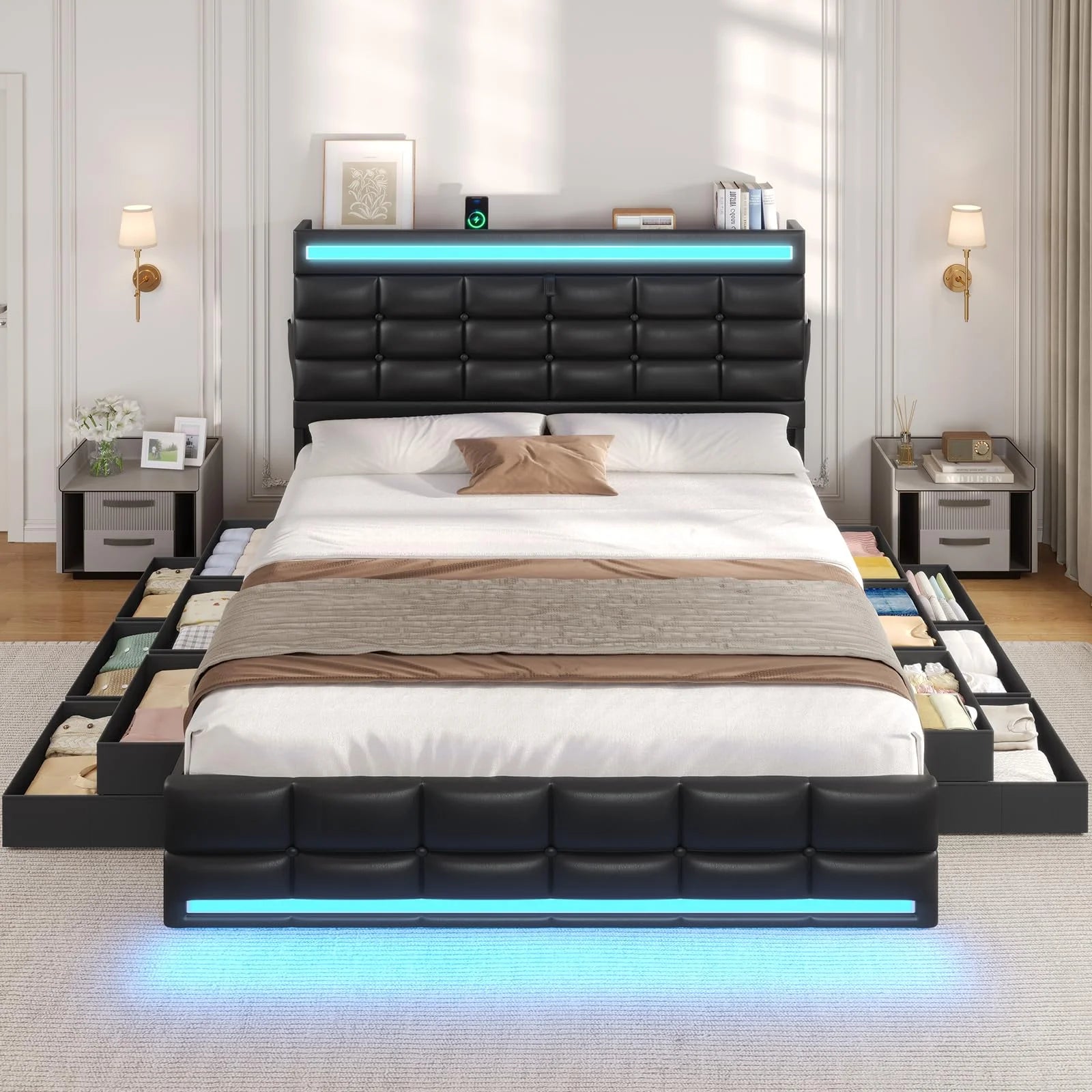 Queen Size Bed Frame with LED Lights Headboard and 12 Storage Drawers, Bookcase, Upholstered Platform Bed Queen with Charging Station, No Box Spring Needed, Type - C and USB, Noise - Free, Black