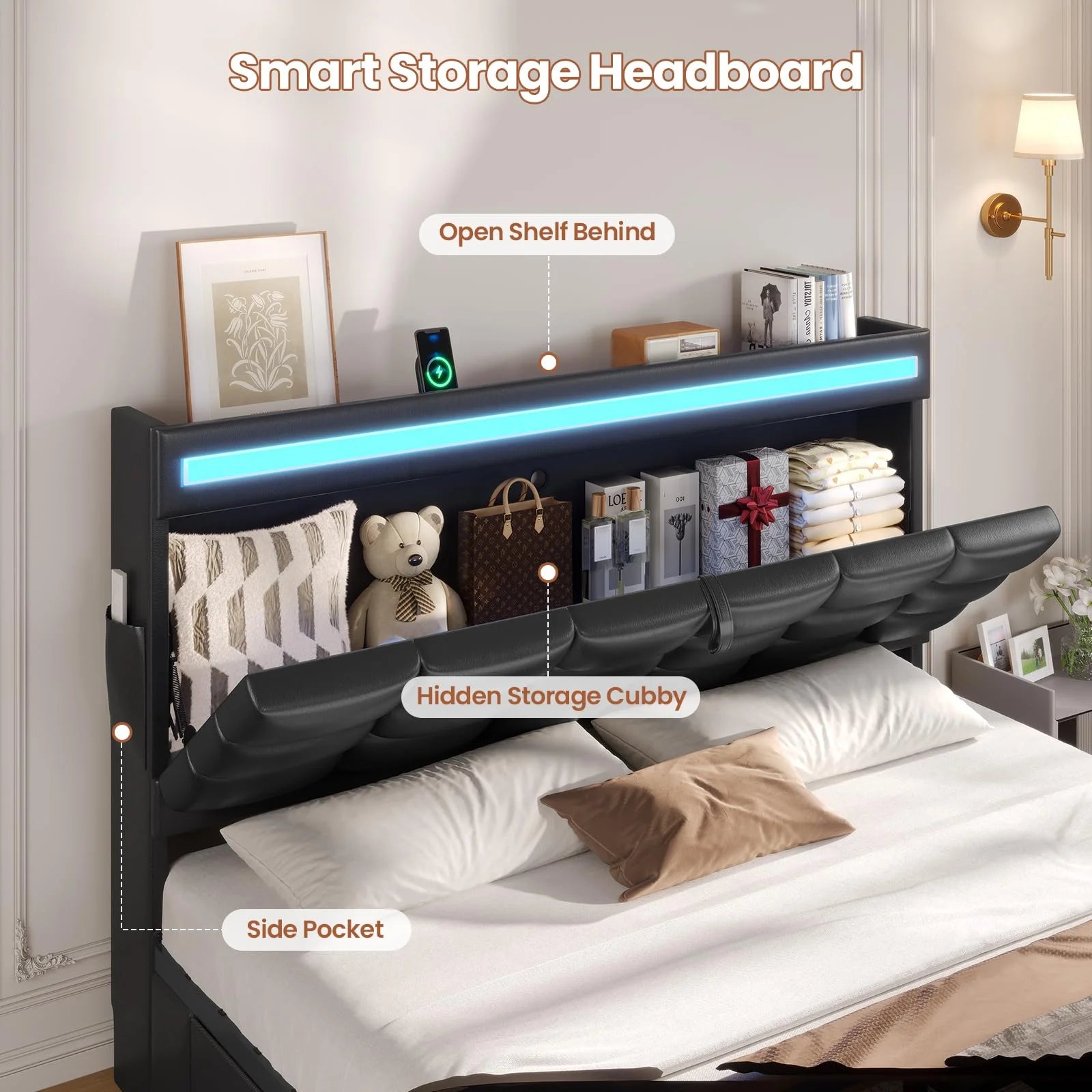Queen Size Bed Frame with LED Lights Headboard and 12 Storage Drawers, Bookcase, Upholstered Platform Bed Queen with Charging Station, No Box Spring Needed, Type - C and USB, Noise - Free, Black