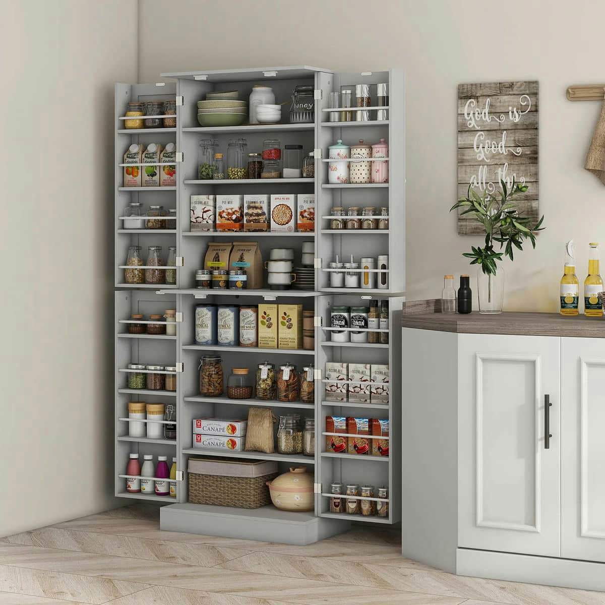 Spaco 17 - Tier Kitchen Small Pantry Cabinet with 2 Doors and 6 Adjustable Shelves, Cabinet Pantry, Freestanding 5 - Tier Shelving Pantries for Kitchen Storage, Gray