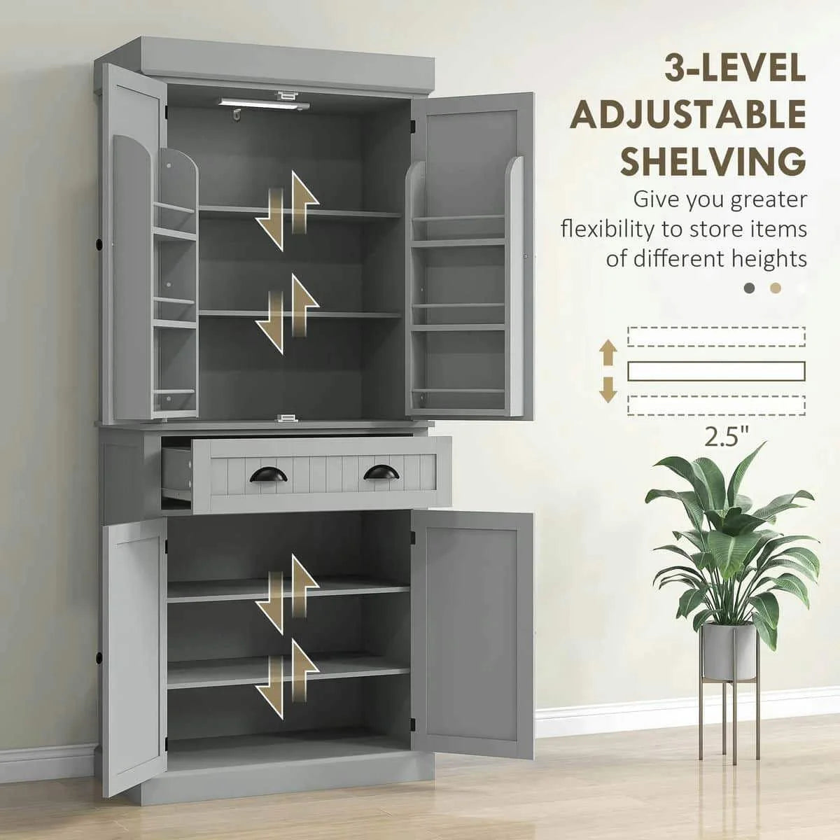 Spaco 17 - Tier Kitchen Small Pantry Cabinet with 2 Doors and 6 Adjustable Shelves, Cabinet Pantry, Freestanding 5 - Tier Shelving Pantries for Kitchen Storage, Gray