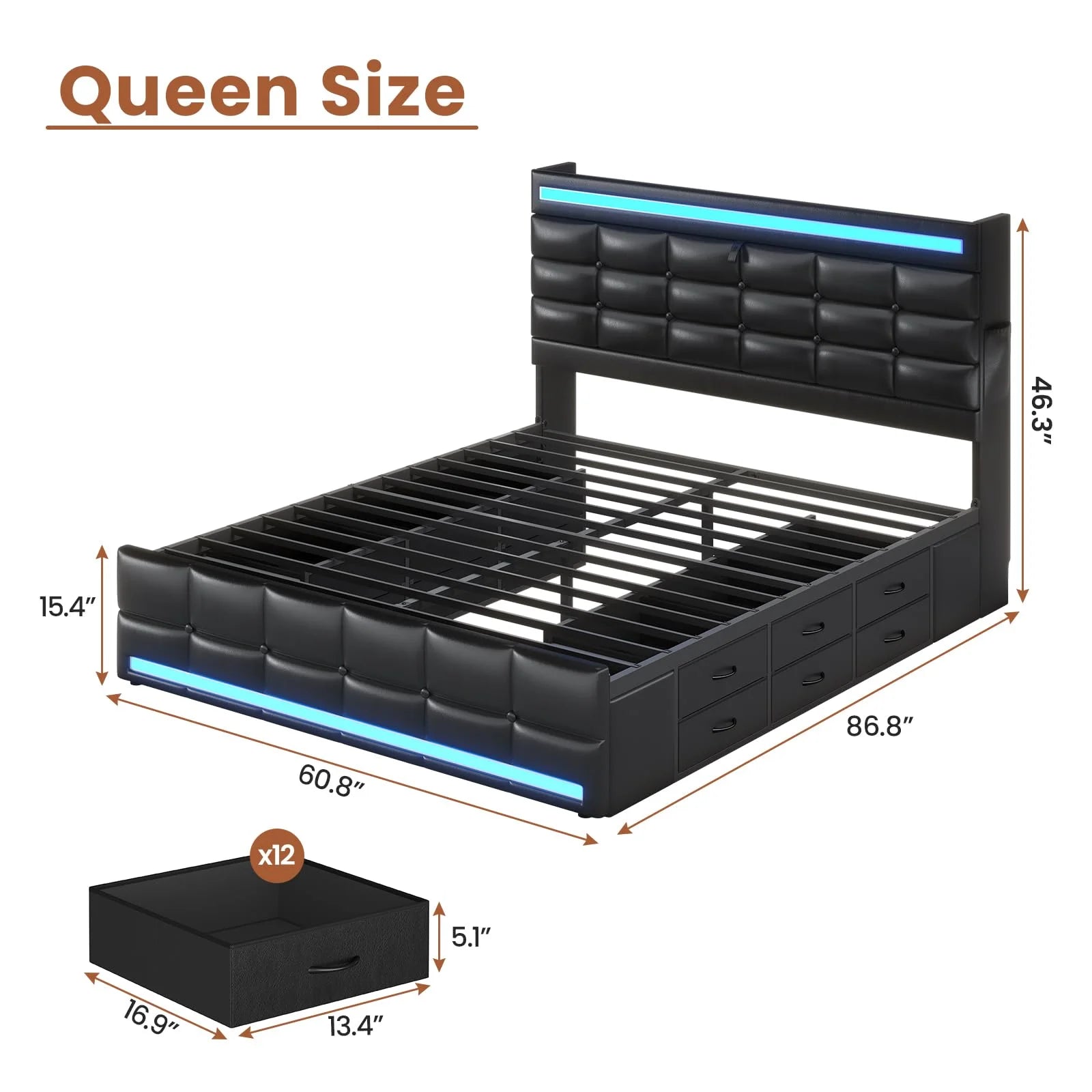 Queen Size Bed Frame with LED Lights Headboard and 12 Storage Drawers, Bookcase, Upholstered Platform Bed Queen with Charging Station, No Box Spring Needed, Type - C and USB, Noise - Free, Black
