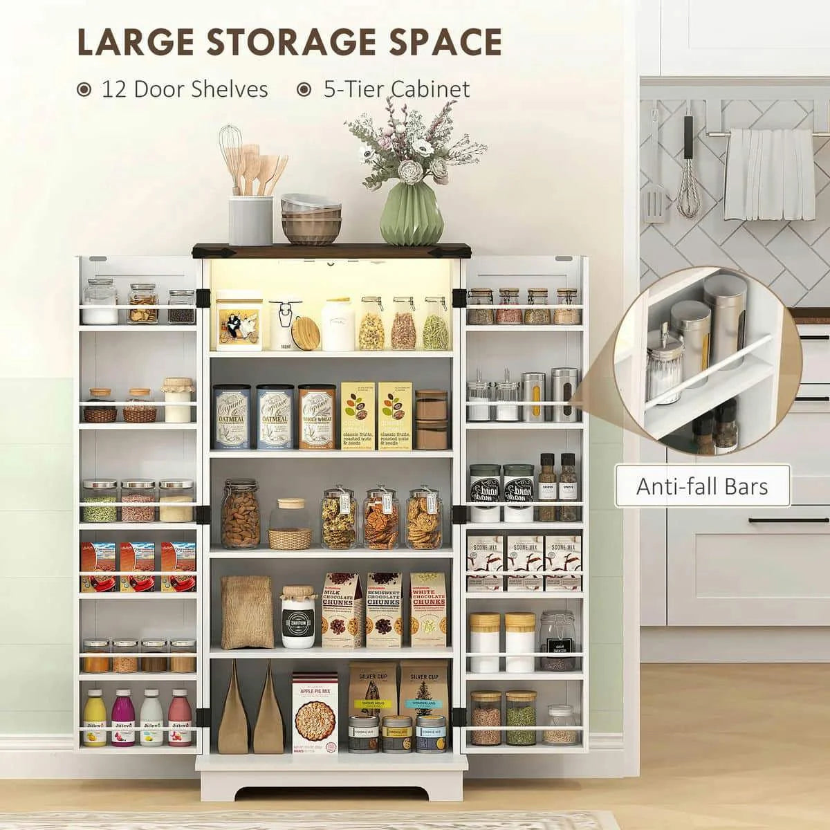 Spaco 17 - Tier Kitchen Small Pantry Cabinet with 2 Doors and 6 Adjustable Shelves, Cabinet Pantry, Freestanding 5 - Tier Shelving Pantries for Kitchen Storage, Gray