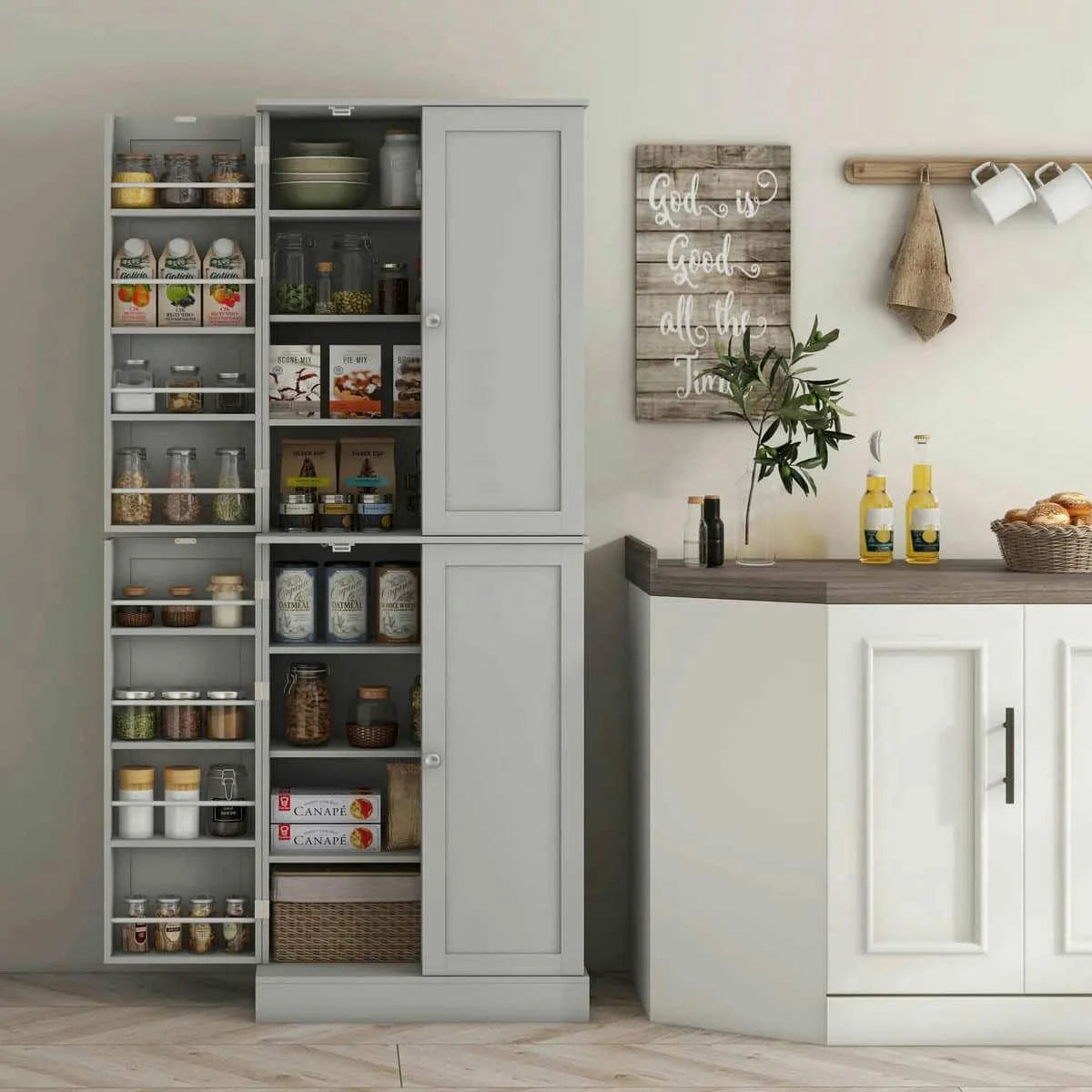 Spaco 17 - Tier Kitchen Small Pantry Cabinet with 2 Doors and 6 Adjustable Shelves, Cabinet Pantry, Freestanding 5 - Tier Shelving Pantries for Kitchen Storage, Gray